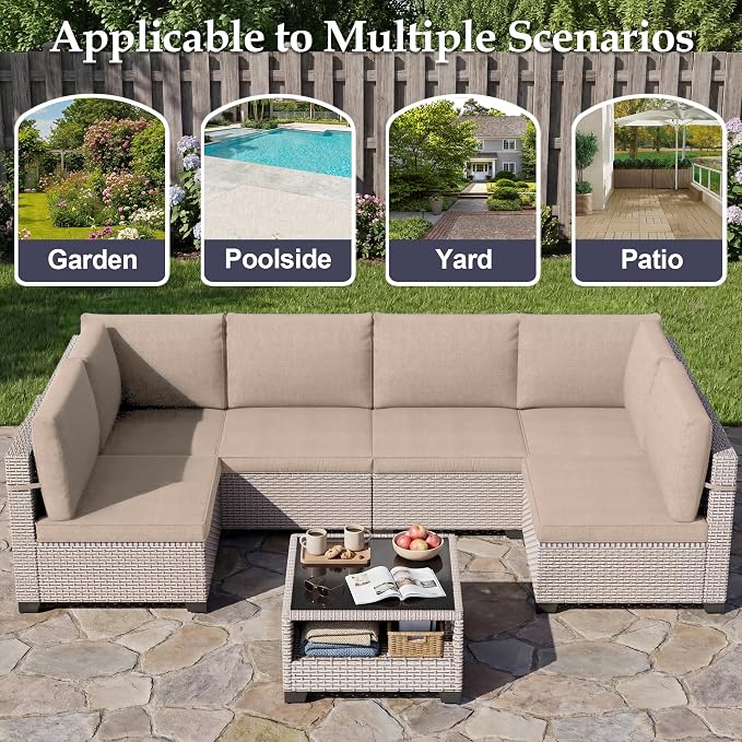 Patio Furniture Set, 14-Piece Outdoor Sectional Sofa with 2-Layer Glass Coffee Table, Wicker Patio Conversation Set with Khaki Cushions for Backyard, Poolside, Porch