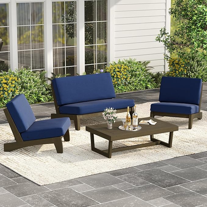 UIXE Wood Patio Furniture Sets, 4 Pieces All Weather Outdoor Sectional Futniture Patio Sofa Chair Backyard Conversation Set with Solid Wooden Coffee Table - Navy Blue