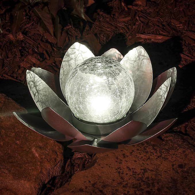 MCSLOTUS-S Silver Lotus Flower Solar LED Garden Light with Crackled Glass Globe – Waterproof Metal Outdoor Décor