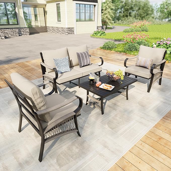 4 Pieces Patio Furniture Set, Metal Outdoor Conversation Sets with Coffee Table, Modern Couch Sofa Set Includes Single Chairs and Loveseat Seating Group (Thick Beige Cushions)