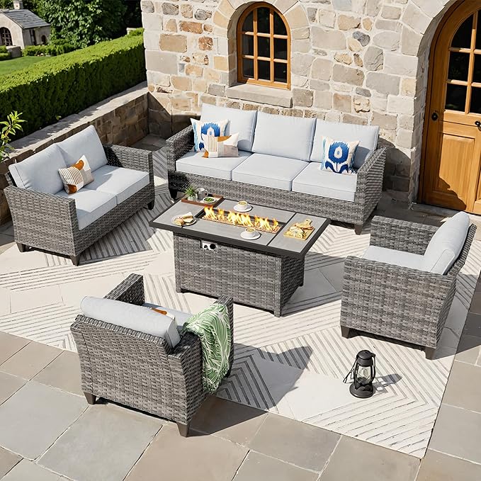 ovios 5 Pieces Patio Furniture Set, Outdoor Wicker Rattan Sofa Couch with 42" Fire Pit Table, Loveseat Chairs, Conversation Sets for Yard Porch Garden, Grey