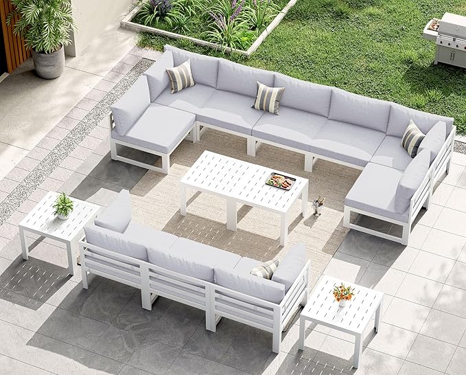NICESOUL 14 Pcs Extra Large Modern Aluminum Outdoor Sofa with Coffee Table, 29" Deep Wide Seat, 500 lbs Durable Sectional Set for Heavy People,High End Patio Furniture Set for Backyard, Light Gray