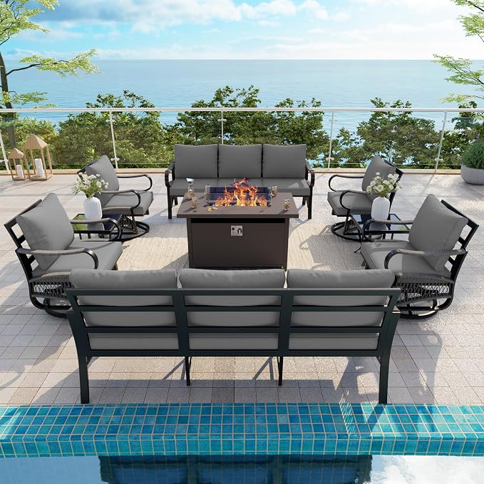 8-Piece Outdoor Furniture Set, Metal Swivel Rocking Chairs with All-Weather Cushions, Patio Conversation Set with Fire Pit Table for Deck, Porch, Garden, Backyard, Poolside (Gray Cushions)