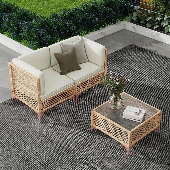 9-Piece Outdoor Patio Furniture Set with Large Fire Pit Table, Boho Wicker Outdoor Conversation Sectional Set & 60,000 BTU Rectangle Propane Fire Pit, Storage Box & Tempered Glass Coffee Table