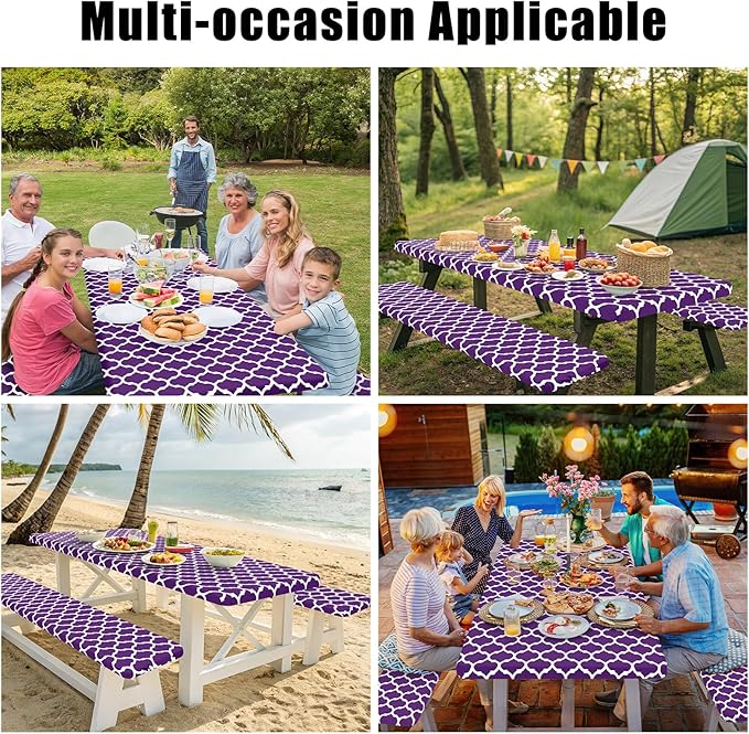Smiry Picnic Table Cover with Bench Covers, Waterproof Elastic Fitted Tablecloth for 8 Foot Tables, Washable Polyester Tablecloths for Camping, Indoor & Outdoor (Purple, 30x96 Inch 3-pc Set)