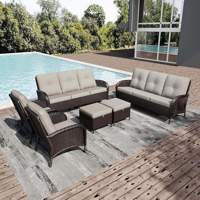 Joyside Wicker Patio Furniture Set, 6 Piece Outdoor Furniture Set with Thickened Cushions, High Back, Deep Seating, Wide Armrest, Rattan Outdoor Chairs for Porch, Deck