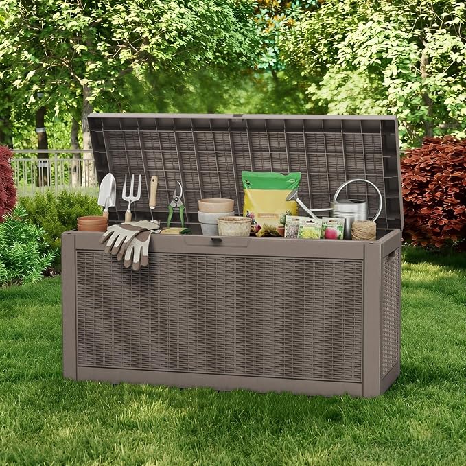 AmaVins Outdoor Storage Box, 60 Gallon Deck Box Indoor and Outdoor Use, Waterproof Resin Storage Bin for Package Delivery, Patio Cushions, Gardening Tools, Lockable, UV Resistant, Black