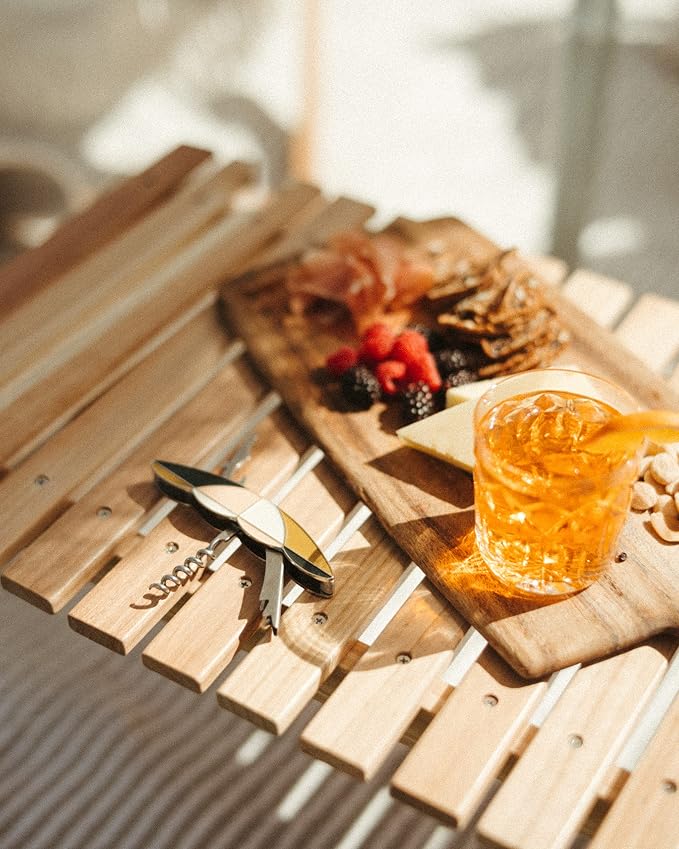 Business & Pleasure Co. Folding Picnic Table - Perfect Mini Outdoor Table for Picnics, Beach, & Concerts - 4 Wine Glass Holders - Umbrella Hole - Premium Teak Hardwood