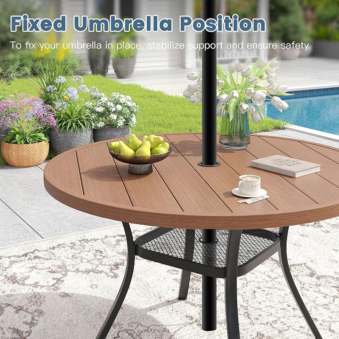 DIFY 5 Piece Outdoor Patio Dining Set for 4, 47.2" Walnut Round Metal Dining Table and Swivel Patio Chairs with Brown Padded Textilene, All-Weather Outdoor Furniture Set for Garden Backyard Porch