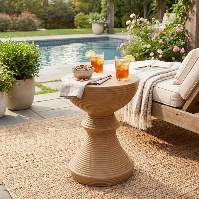 Christopher Knight Home Sunny 16" Outdoor Side Table with Hourglass-Shaped, Concrete Patio Side Table with Ribbed Design, Round Patio End Table, Wood-Like Finish Accent Table for Poolside, Natural