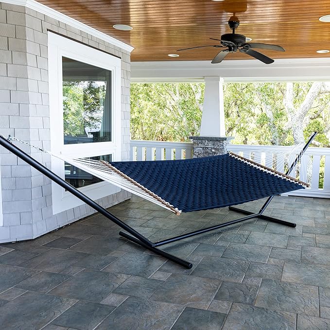Hatteras Hammocks Navy Soft Weave Hammock with Free Extension Chains & Tree Hooks, Accommodates 2 People, 450 LB Weight Capacity, 13 ft. x 55 in.