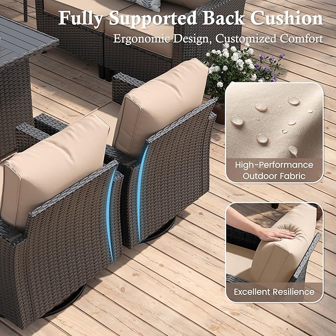 Amopatio Patio Furniture Set, 5-Piece Wicker Outdoor Sectional Sofa with Swivel Rocker Chairs, Rattan Conversation Set with Fire Pit Table and Waterproof Cover for Backyard Black/Khak