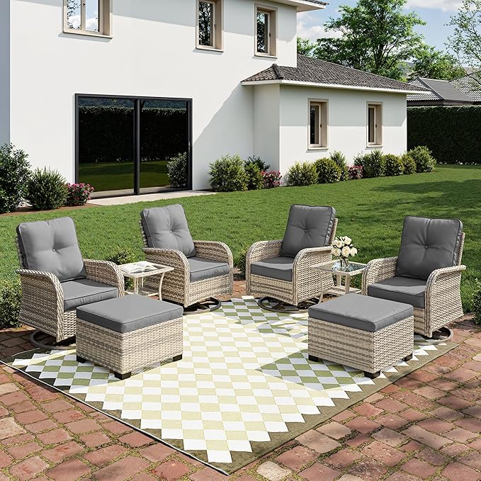8-Piece Small Patio Furniture Set, Outdoor Swivel Rocking Chairs Set with Ottomans, Patio Bistro Set for Balcony, Deck, Porch, Grey