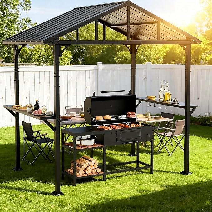 8' x 5' Hardtop Grill Gazebo,Outdoor BBQ Canopy Shelter with 2 Side Shelves and 5 Side Hooks,Patio Pavilion with Galvanized Steel Roof for Patio Lawn Backyard Garden