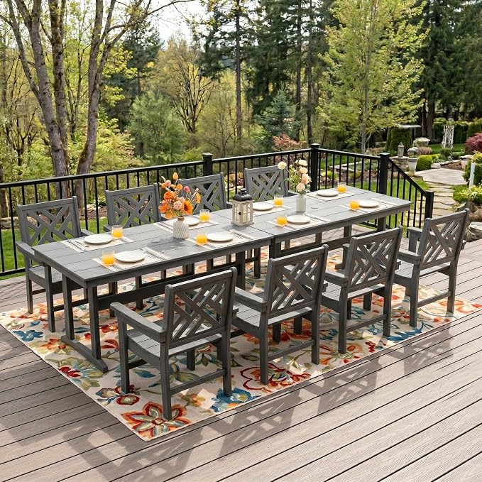 HDPE Dining Table Set for 8,10-Piece Outdoor Table and Chairs Include 8 Dining Chairs and 2 Pcs 62.5" Patio Dining Table with Umbrella Hole (Gray)