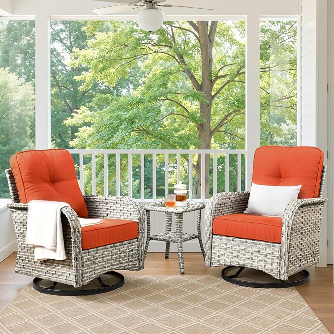 Swivel Patio Chairs Set of 2, Outdoor Wicker Rocker Glider Chair with Coffee Table, Modern Comfy Patio Furniture Sets for Porch Balcony Sunroom, Orange