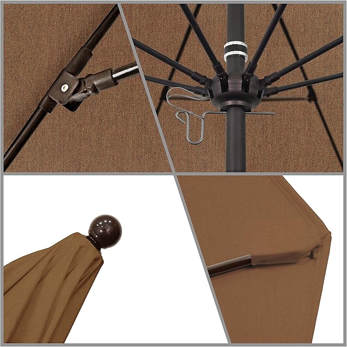 California Umbrella 9' Round Aluminum/Fiberglass Umbrella, Push Open, Bronze Pole, Sunbrella Teak Fabric