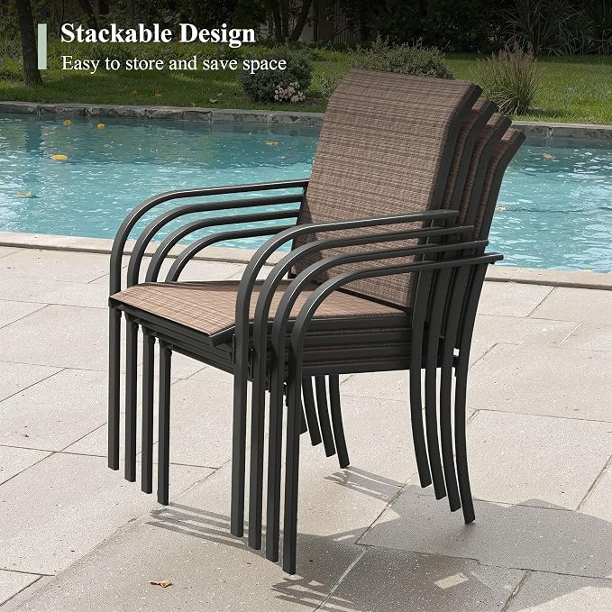 5 Pieces Outdoor Dining Set, Stackable Textilene Paito Chairs & 40.6" Round Dining Table with Umbrella Hole and Shelf, Patio Dining Set for Backyard, Deck, Garden, Brown & Black