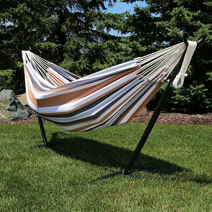 Sunnydaze Double Brazilian Hammock with Stand and Carrying Case - 400-Pound Capacity - Black Stand - Calming Desert