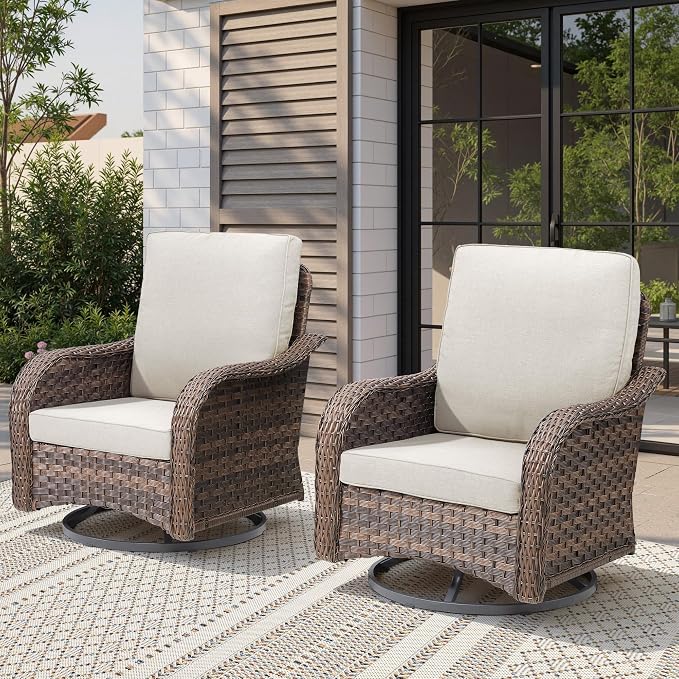 2 PCS Swivel Rocker Patio Chairs, 360° Swivel & Glide Outdoor Wicker Furniture, 4" High Back Thick Cushions with Lumbar Support, 300 lbs Heavy Duty Porch Chairs for Small Space, Grey