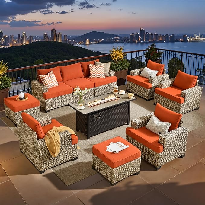 ovios 10 Piece Patio Sectional Furniture with 42in Fire Pit Table, Rattan Wicker Coversation Setwith Single Chairs, Outdoor Sofa Set for Outside Porch Balcony Backyard Pool, Orange