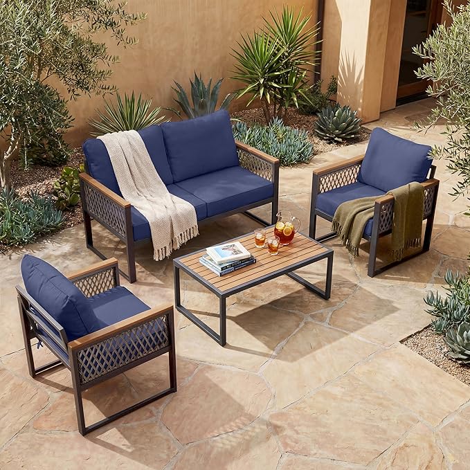 UPHA 4 Pieces Patio Furniture Set, Metal Outdoor Sectional Couch Set with Loveseat Sofa, 2 Chairs, Coffee Table, Modern Patio Conversation Set for Porch Balcony Deck, 4 Seats, Navy Blue