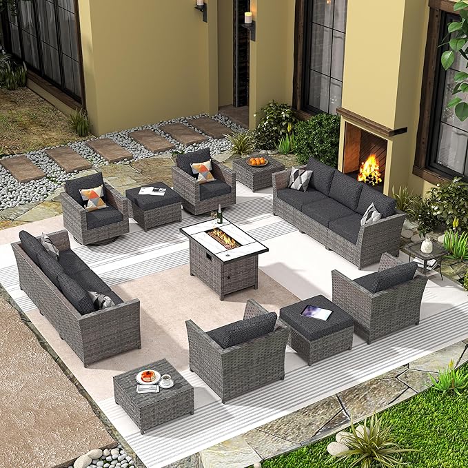 16 Pieces Patio Furniture Conversation Set with 42" Fire Pit Table Rocking Chair Outdoor Sectional Gray Wicker Sofa Set