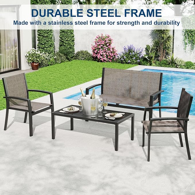 Garvee 4 Piece Patio Bistro Furniture Set, Outdoor Conversation Set with 3 Chairs, Loveseat & Glass Coffee Table, All-Weather Textilene Fabric & Steel Frame for Backyard, Poolside, Porch, Lawn - Brown