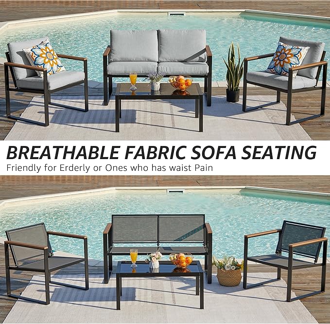 NATURAL EXPRESSIONS 4 Pieces Patio Furniture Sets,Outdoor Metal Sectional Furniture Modern Patio Conversation Set,Fauxwood Anti-Scald Armrest,Sling Mesh,Tempered-Glass Table,4" Olefin Cushions
