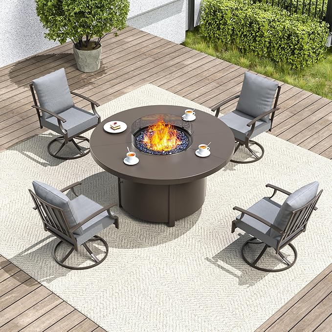 5 Pieces Outdoor Patio Furniture Set with 48" Round Propane Fire Pit Table,Patio Dining Set Outdoor Conversation Sets 4 Swivel Chairs for Deck,Backyard and Garden,Grey