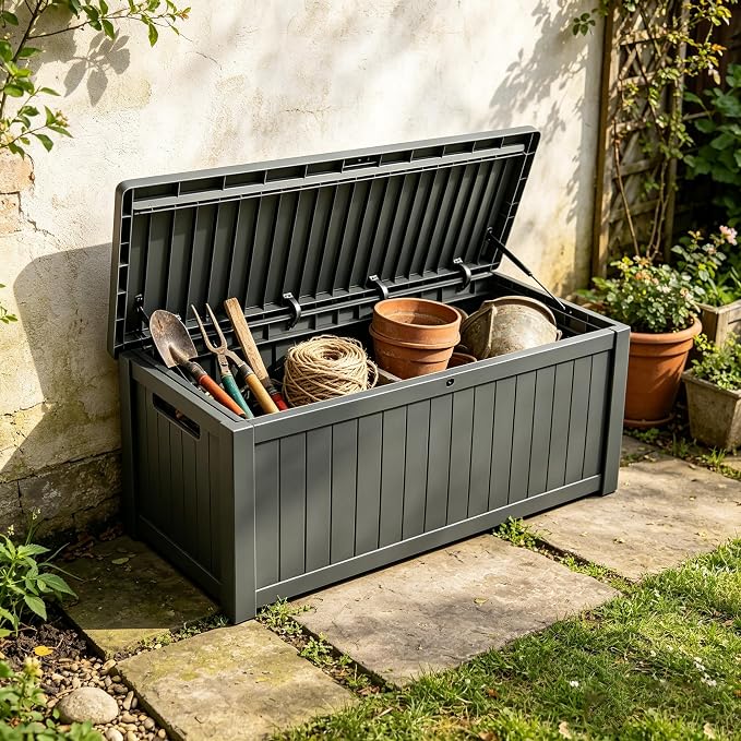 Outdoor Storage Solution with Deck Box Design, Multi-purpose Patio Furniture for Garden Tools, Shoe Storage & Cushions, Strong Storage Bins with Lids Style (darkgray)