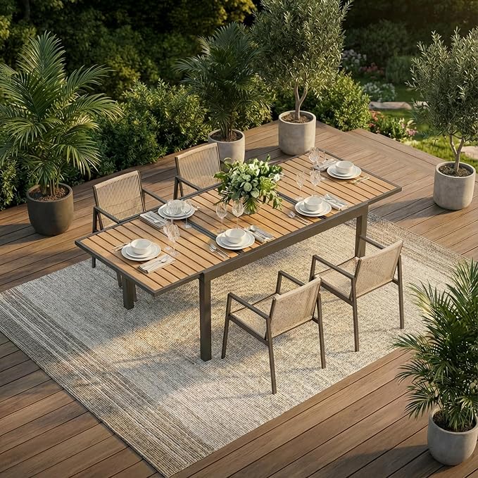 ZANDOR Expandable Outdoor Dining Set for 4-6-8,Patio Table and Chairs Set with Wood Top for Garden,Backyard,Porch,55"-82.7" Extendable Aluminum Outdoor Table Set with 4 Chairs,Grey