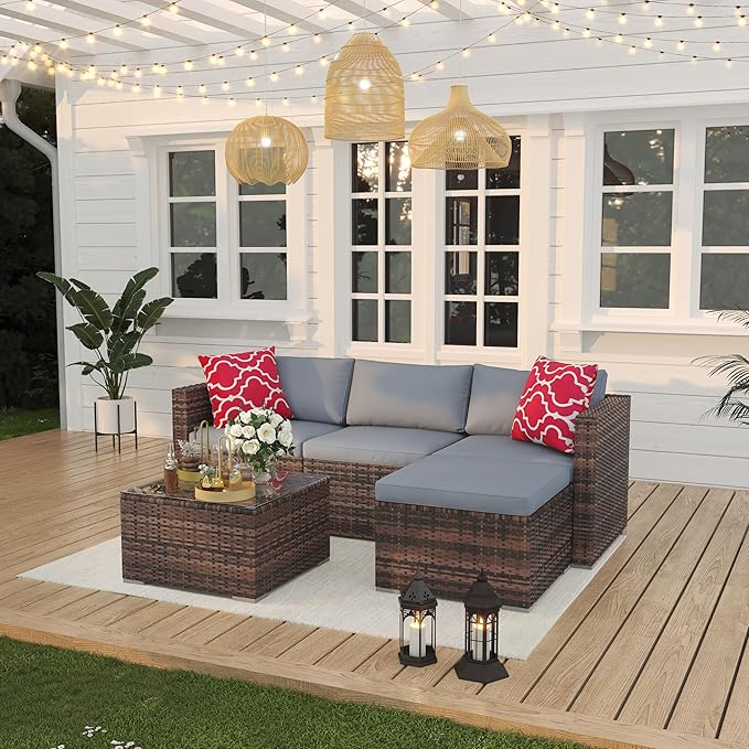 5-Piece Patio Furniture Set, All-Weather PE Rattan Sectional Sofa, Modular Outdoor Conversation Set with Metal Frame, Brown & Grey