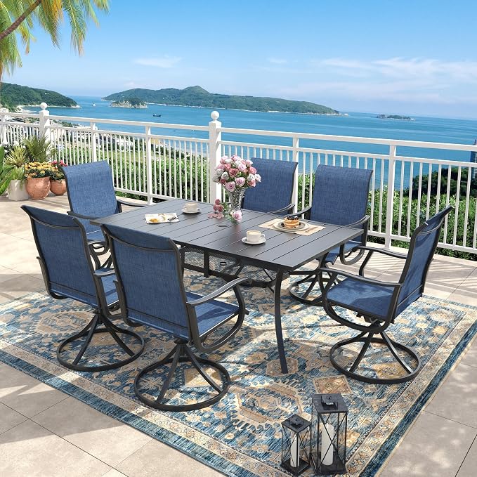 Outdoor Dining Set for 6, 59.2" Metal Outdoor Dining Table with Umbrella Hole and Sling Patio Swivel Chairs, 7 Pieces Patio Table and Chairs Set for Garden Backyard, Dark Blue and Black
