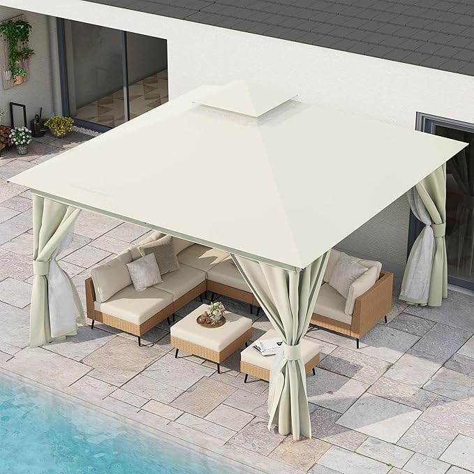 LAUSAINT HOME Patio Gazebo 12'x12', Outdoor Heavy Duty Party Tent Shelter with Double Roofs, Mosquito Nettings and Privacy Screens for Backyard, Garden, Lawn, Cream White