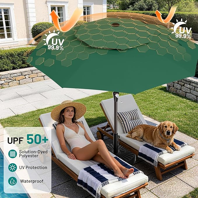 AreShark 10ft 2 Tiers Patio Umbrella - Outdoor Umbrella Waterproof UV Protection, Market Table Umbrella w/Push Button Tilt&Crank for Pool, Porch, Garden(Dark Green)
