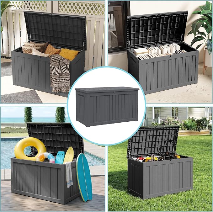Outdoor Waterproof Resin Storage Deck Box Lockable Outside Bench UV Resistant Bin Patio Porch Furniture Pool Float Garden Tool Cushion (Black, 280 Gallon)