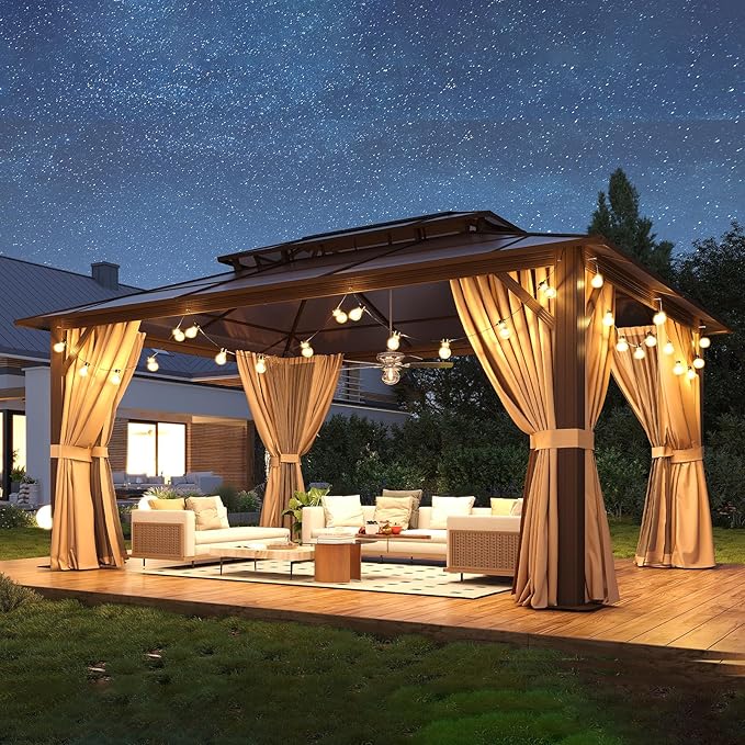 12’x16’ Hardtop Gazebo with Double Polycarbonate Roof Outdoor Metal Gazebo Sturdy Aluminum Frame & Removable Curtains, Netting Permanent Pavilion Pergola for Garden,Patio,Lawn(Brown)