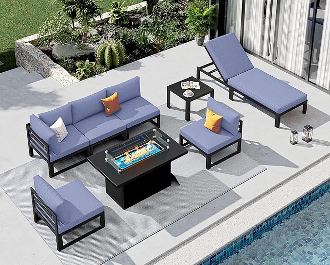 NICESOUL 8 Piece Large Modern Aluminum Patio Furniture Set, Water & Fade Resistant Modular Outdoor Conversation Set with Chaise, 500 lbs Heavy Duty Comfortable Sectional Sofa for Poolside, Denim Blue