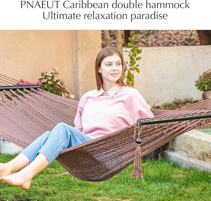 PNAEUT Double Rope Hammocks for Outside, Handwoven Double Caribbean Hammock with Spreader Bar for Outdoor Indoor, Max 600 lbs Capacity (Mocha)