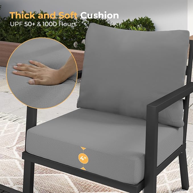 HAPPATIO Aluminum Patio Furniture Set, 3 Pieces Conversation Set with Thick Cushions and Side Table, Waterproof and Rustproof for All Weather, Seating Sofa for Garden, Backyard, Porch, Black