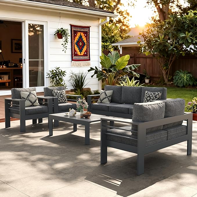LayinSun Outdoor Aluminum Furniture Set, 5 Pieces Patio Sectional Conversation Chat Sofa Modern Seating Set with Coffee Table