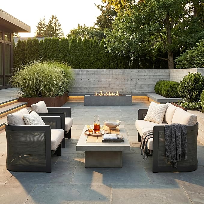 Christopher Knight Home Norhill Patio Sofa Set, 3 Pieces Outdoor Seating Set, Aluminum Patio Furniture Set with Two Club Chairs and Loveseat, Conversation Set for Patio Garden Poolside, Beige + Black