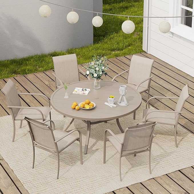 VICLLAX Round Outdoor Dining Set, Patio Table and Chairs Set Set of 6 Patio Stackable Chairs and 47" Outdoor Round Table with Umbrella Hole for Backyard Lawn Garden, Grey Chairs and Grey Table