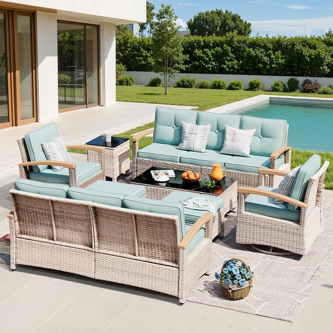 MEISSALIVVE 8 Pieces Patio Furniture Sets,Wicker Patio Conversation Sets with 2 Wood Armrests Swivel Glide Chairs, Outdoor Conversation Set for Deck Yard and Poolside (Blue)