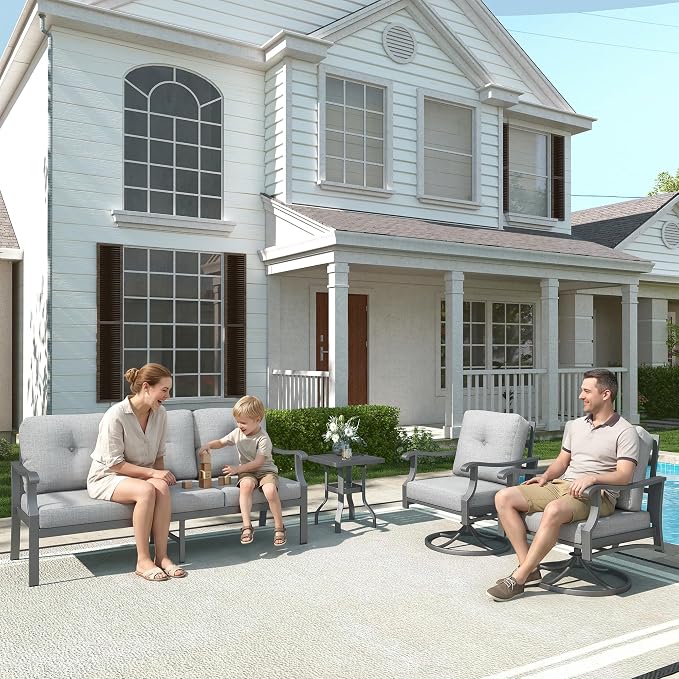 4 Piece Aluminum Patio Furniture Set, Metal Outdoor Conversation Set w/3-Seat Sofa, 2 Rocking Swivel Chairs, Side Table, Patio Bistro Set w/5" Thickened Cushions for Backyard, Poolside, Gray