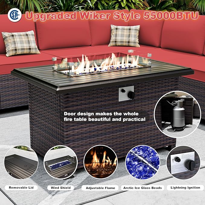 Outdoor Patio Furniture Set with Gas Fire Pit Table, 13 Pieces Outdoor Furniture Set Patio Sectional Sofa w/43in Propane Fire Pit, PE Wicker Rattan Patio Conversation Sets - Red