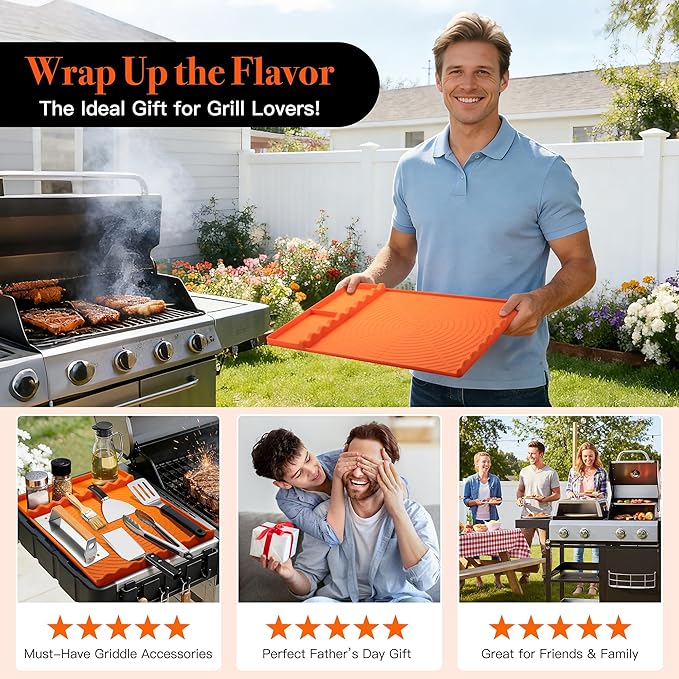 Silicone Grill Mat for Blackstone - BBQ Griddle Tools Side Mat with Drip Pad, Griddle Tools Mat for Outdoor Kitchen Countertop, BBQ Grill Accessories Gifts for Men (Orange-2Pack)