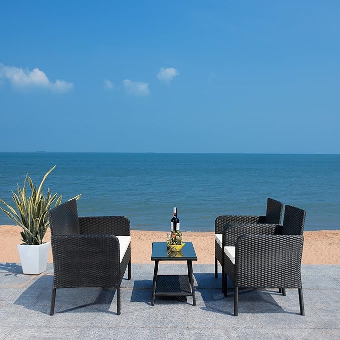 SAFAVIEH PAT7505A Collection Aboka Black and Beige 4-Piece Outdoor Living Patio Set