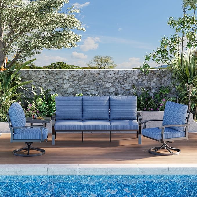 HOMREST Outdoor Furniture Thickened Cushion 360 Degree Swivel Rocking Patio Chairs and 3-Seat Sofa, Loveseat, Coffee Table, 5 PCS Metal Conversation Set for Garden, Deck and Poolside